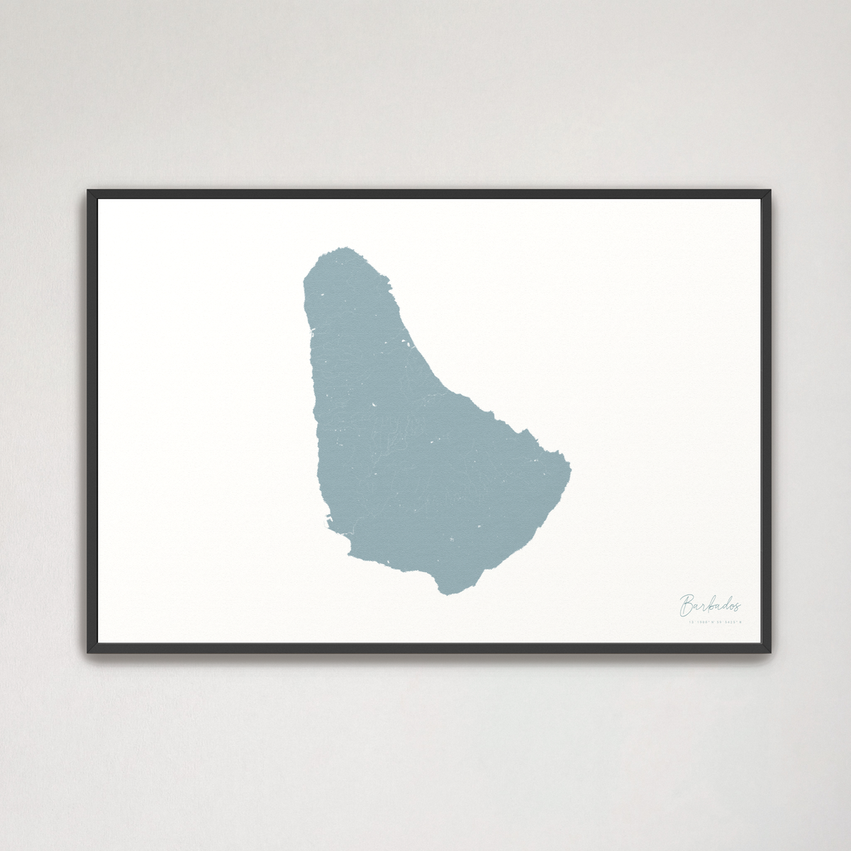 Barbados horizontal canvas map, Soft Blue, Black Frame