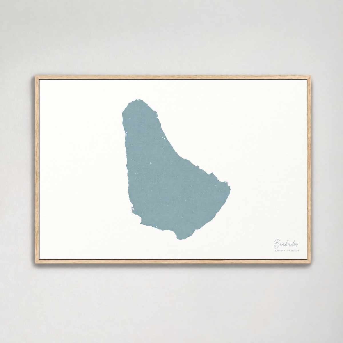 Barbados horizontal canvas map, Soft Blue, Light Wood
