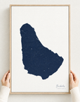 Barbados vertical canvas map in Navy, hands holding an oak-framed canvas