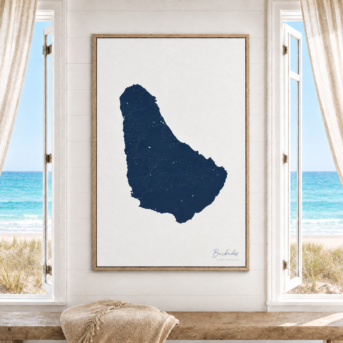 Barbados vertical canvas map in Navy, window interior