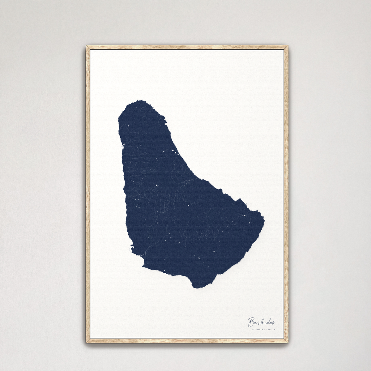 Barbados vertical canvas map, Navy, Natural Oak