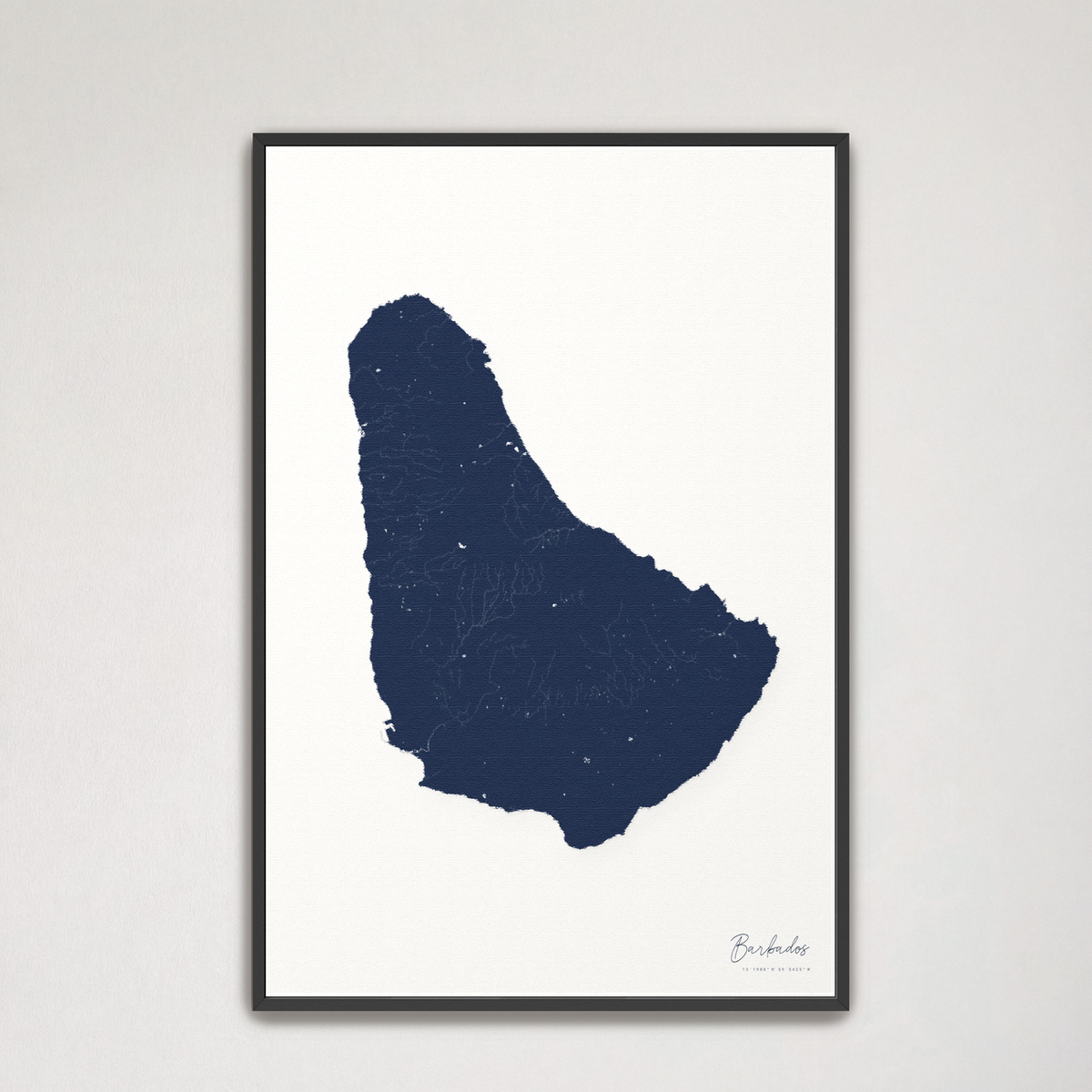 Barbados vertical canvas map, Navy, Black Frame