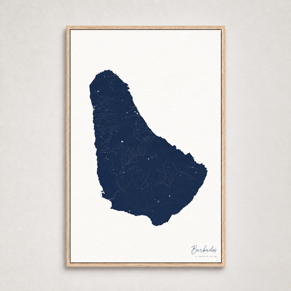 Barbados vertical canvas map, Navy, Light Wood