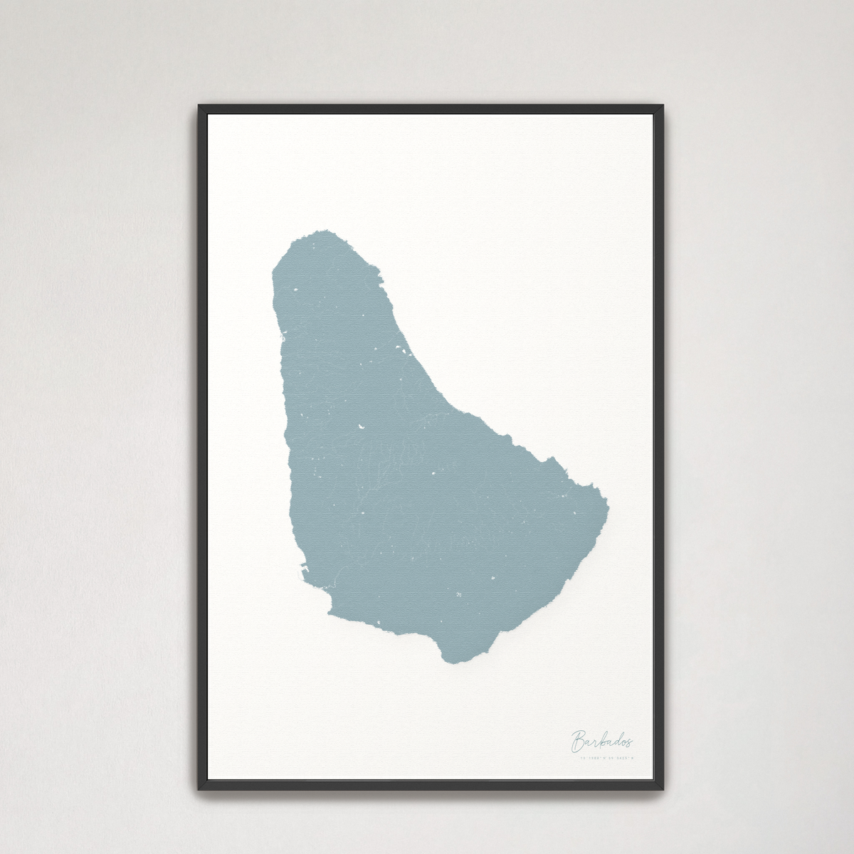 Barbados vertical canvas map, Soft Blue, Black Frame
