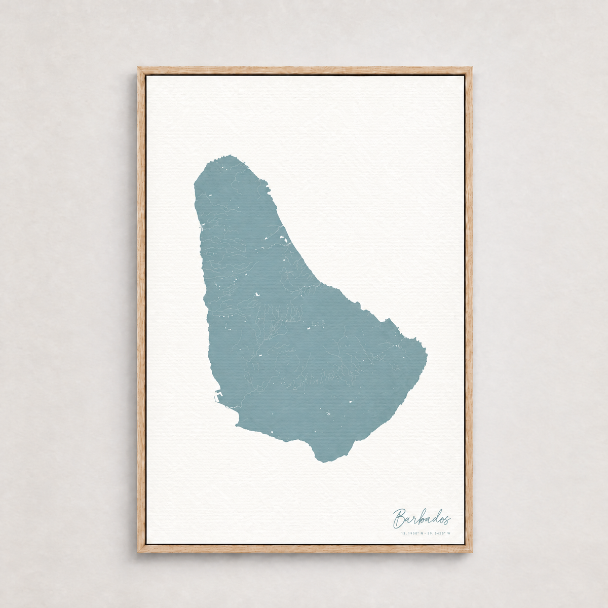 Barbados vertical canvas map, Soft Blue, Light Wood