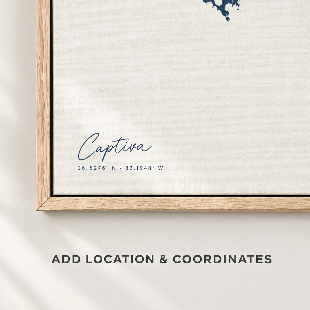 Captiva horizontal canvas map in Navy, location and coordinates detail