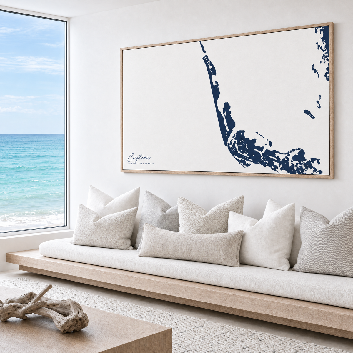 Captiva horizontal canvas map in Navy, bench beside a water view