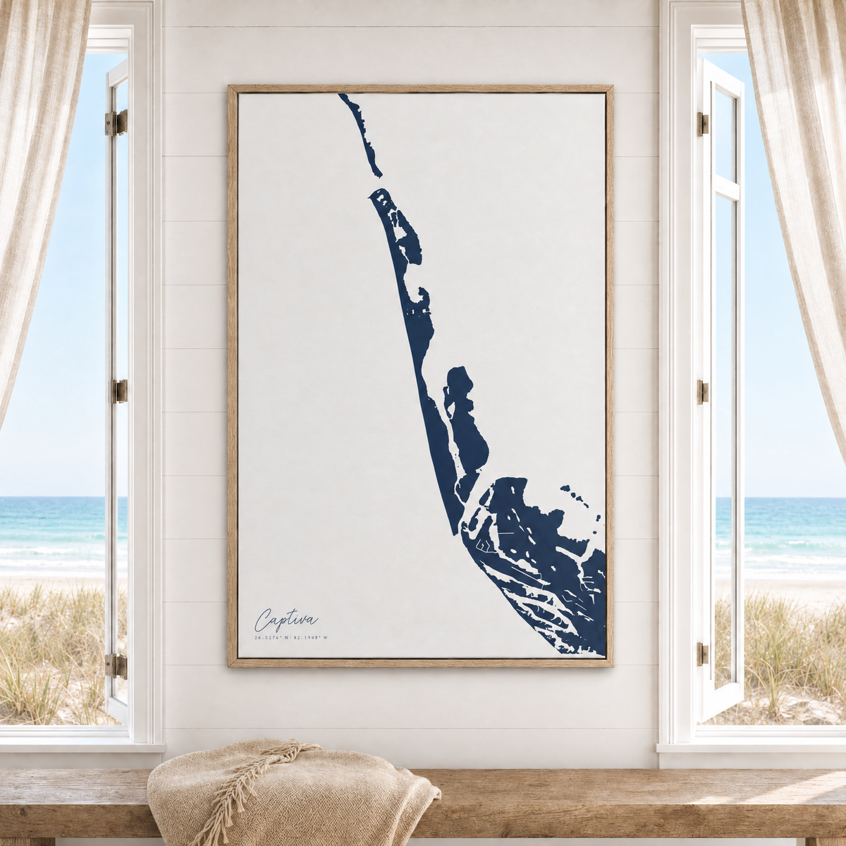 Captiva vertical canvas map in Navy, window interior