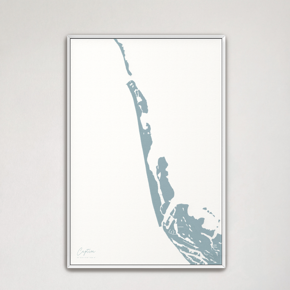 Captiva vertical canvas map, Soft Blue, White Frame