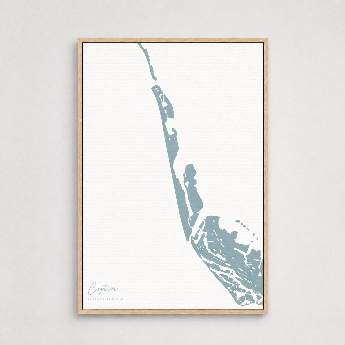 Captiva vertical canvas map, Soft Blue, Light Wood