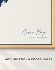 Casco Bay horizontal canvas map in Navy, location and coordinates detail