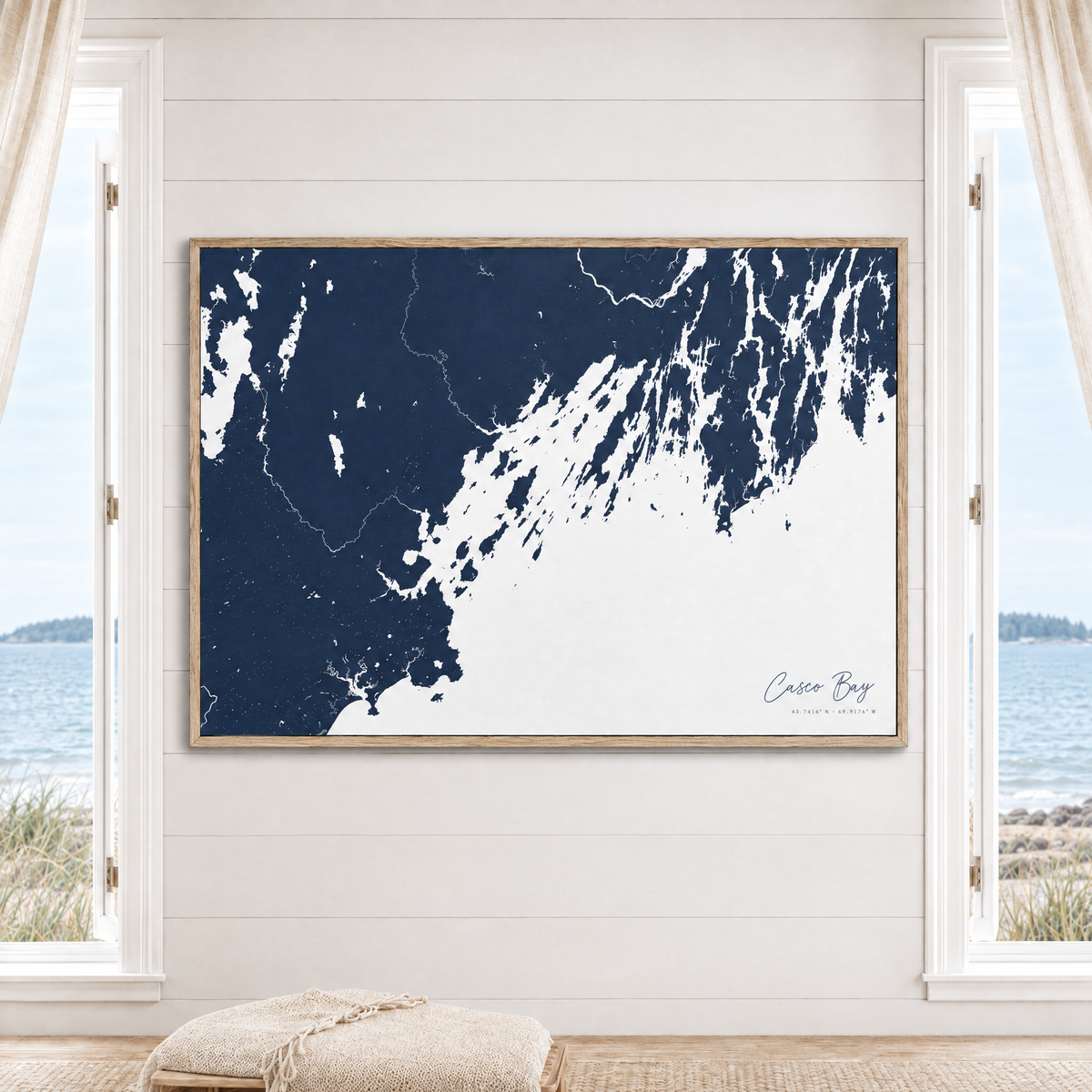 Casco Bay horizontal canvas map in Navy, window interior