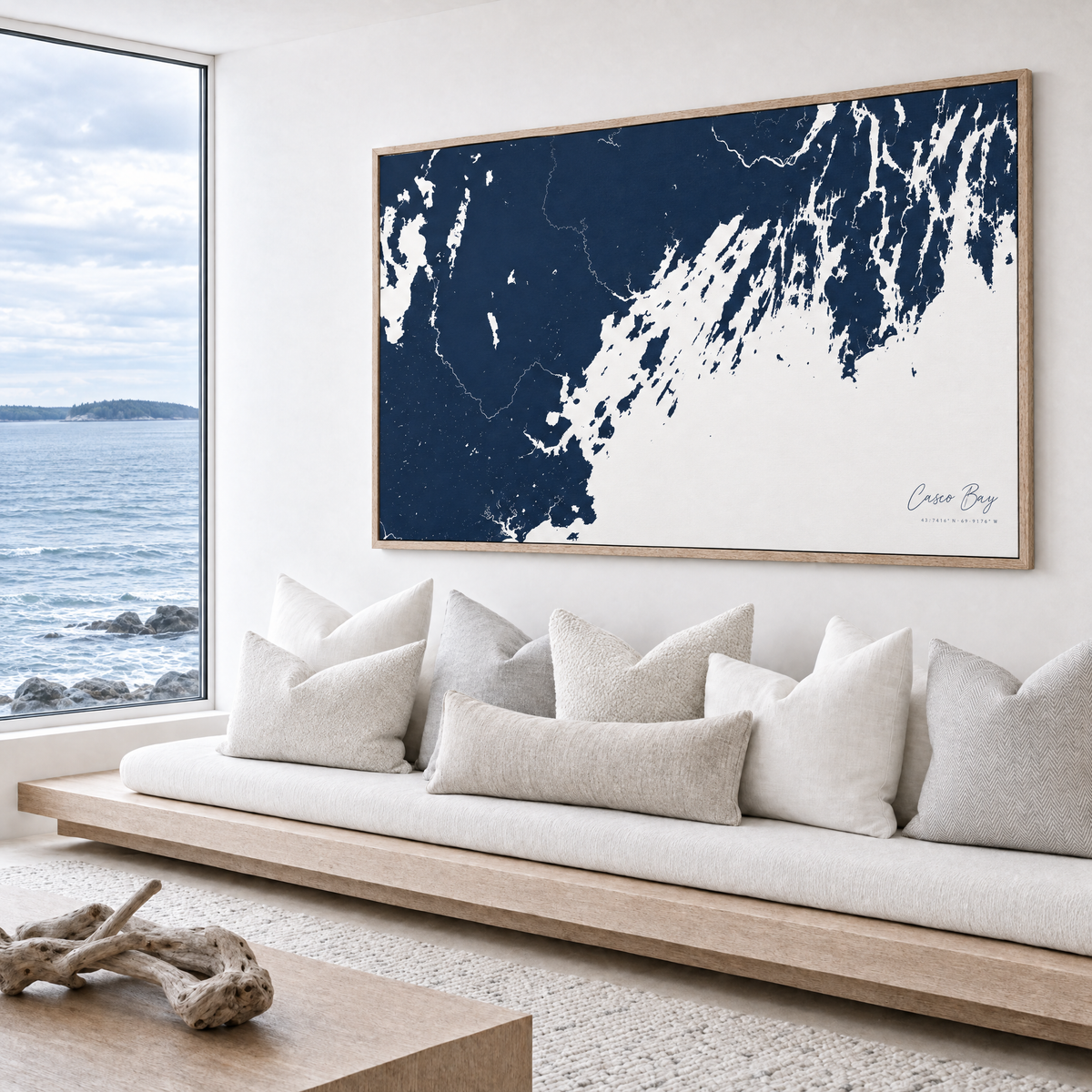 Casco Bay horizontal canvas map in Navy, bench beside a water view