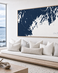 Casco Bay horizontal canvas map in Navy, bench beside a water view