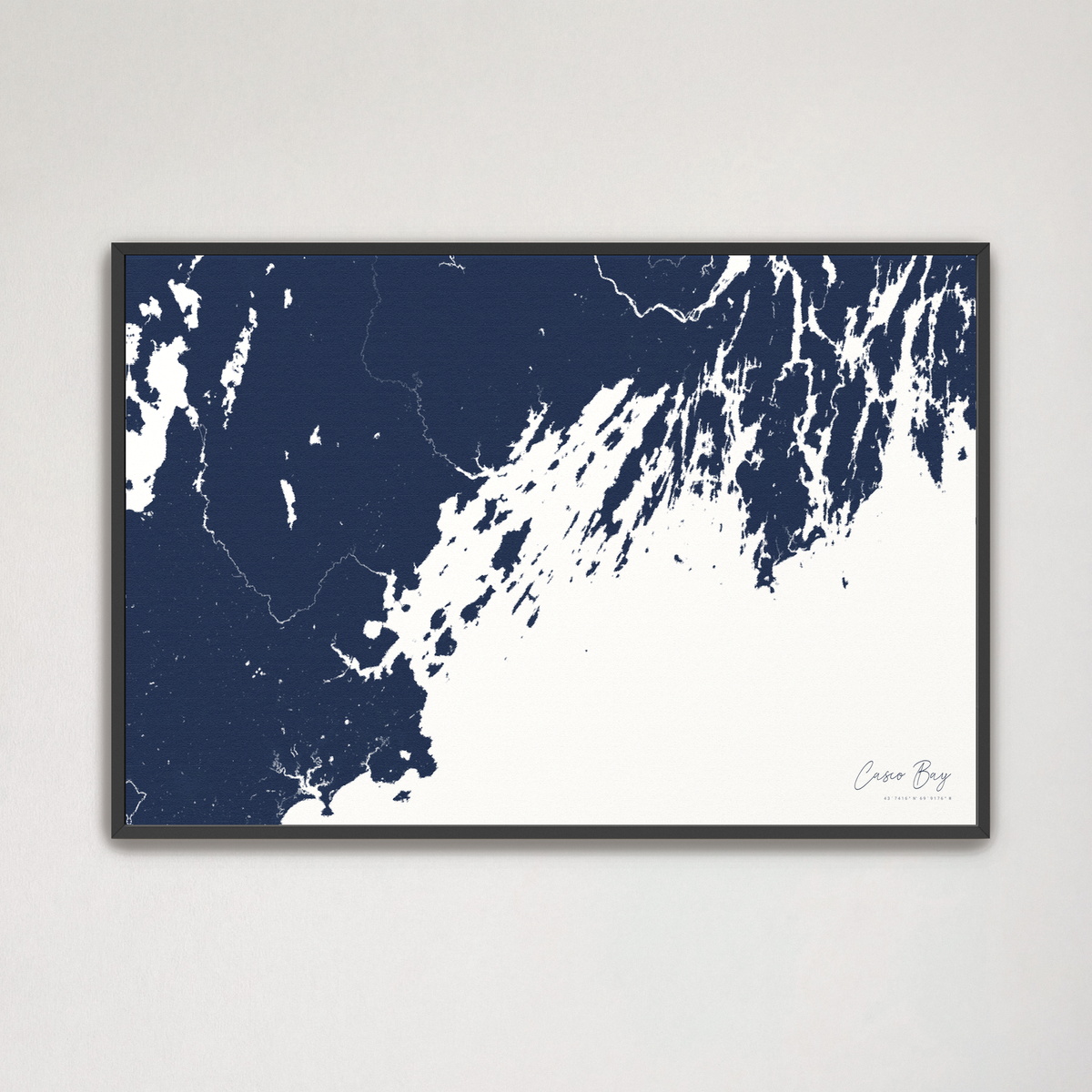Casco Bay horizontal canvas map, Navy, Black Frame