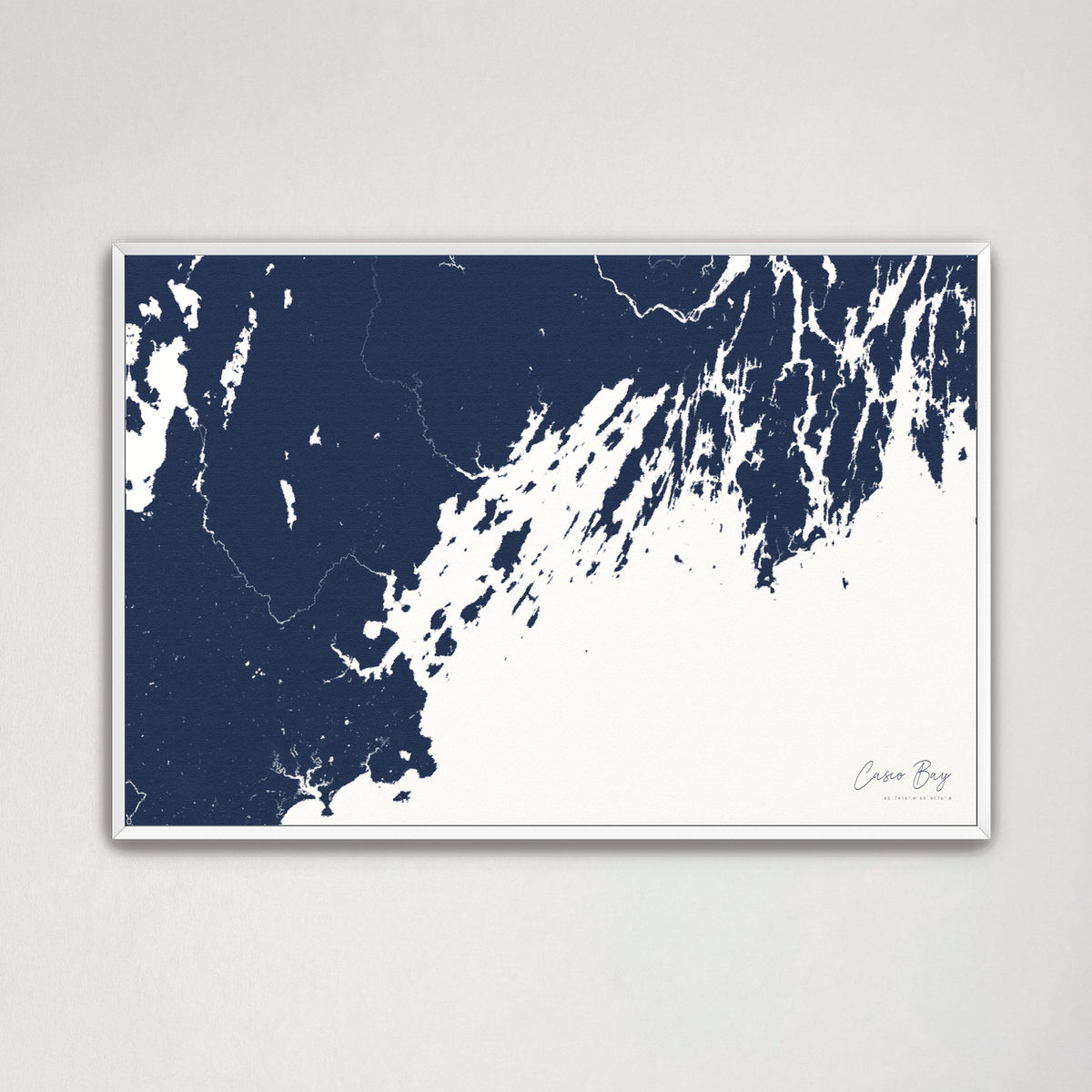 Casco Bay horizontal canvas map, Navy, White Frame