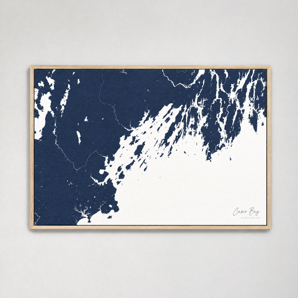Casco Bay horizontal canvas map, Navy, Light Wood