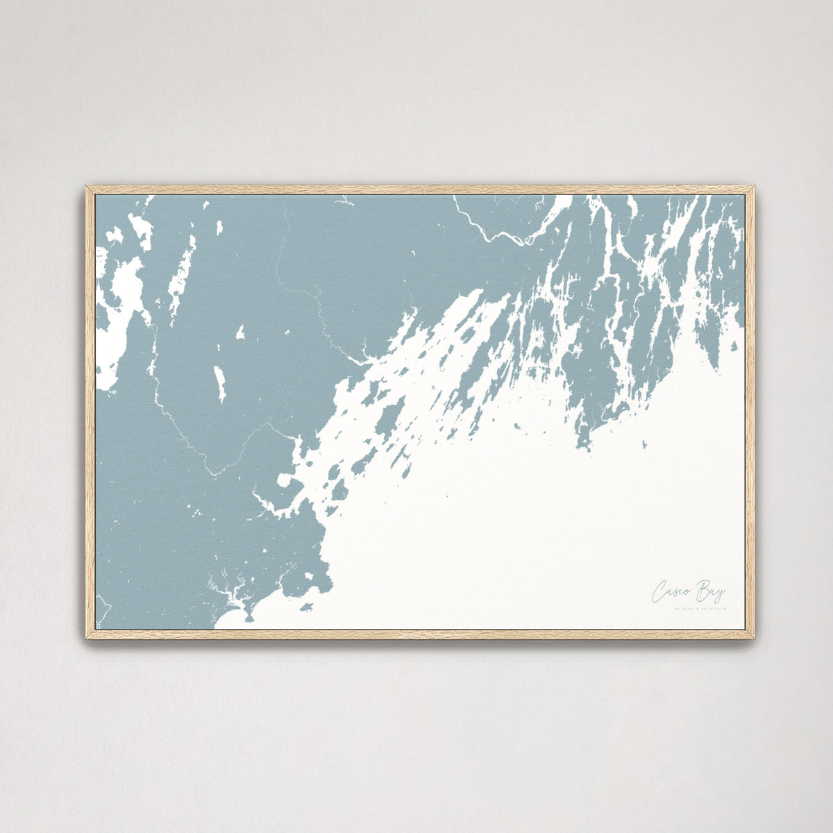 Casco Bay horizontal canvas map, Soft Blue, Natural Oak