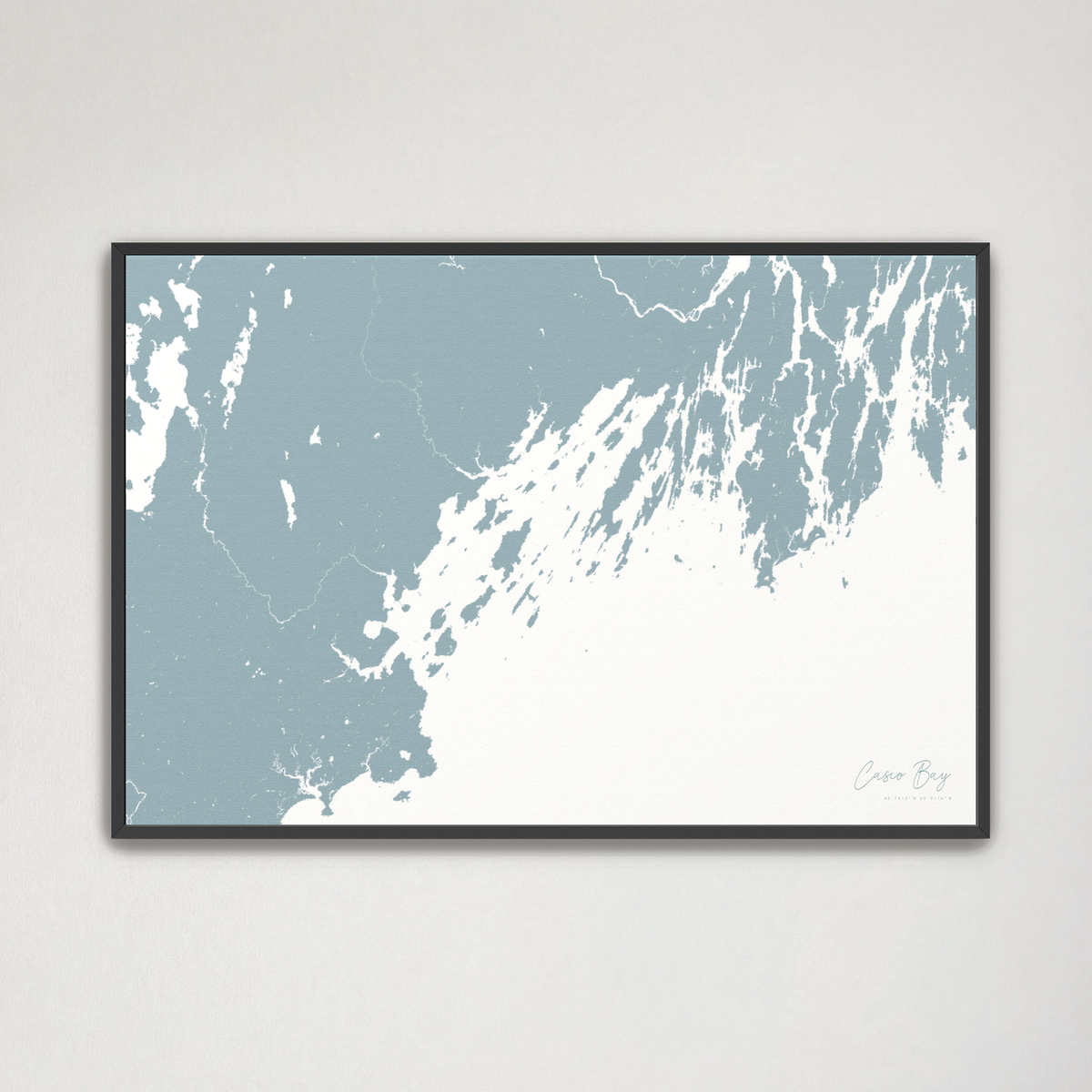 Casco Bay horizontal canvas map, Soft Blue, Black Frame