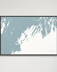 Casco Bay horizontal canvas map, Soft Blue, Black Frame