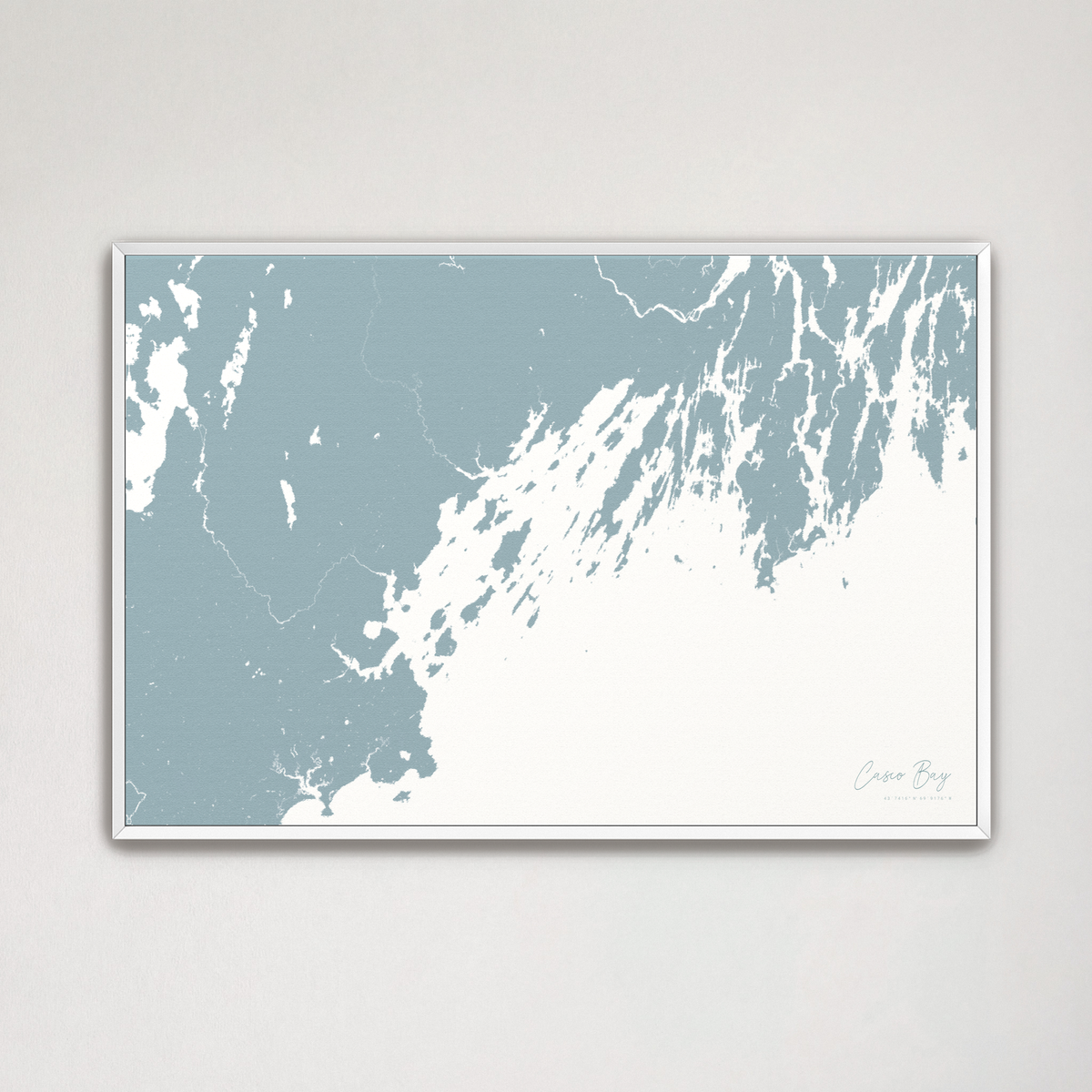 Casco Bay horizontal canvas map, Soft Blue, White Frame