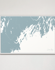 Casco Bay horizontal canvas map, Soft Blue, White Frame