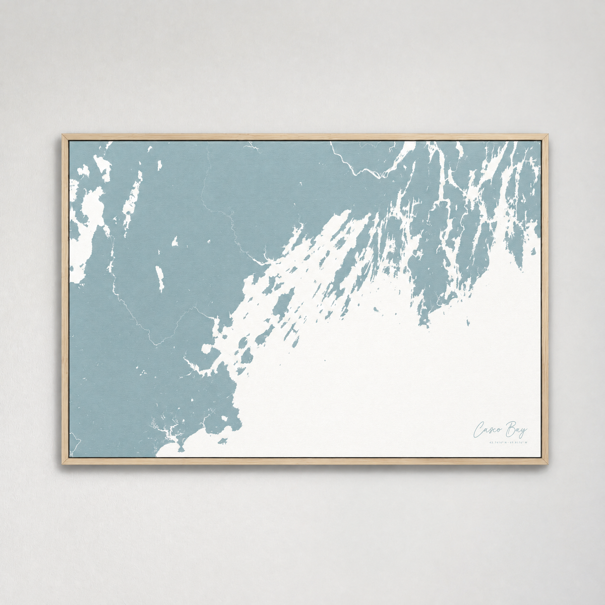 Casco Bay horizontal canvas map, Soft Blue, Light Wood