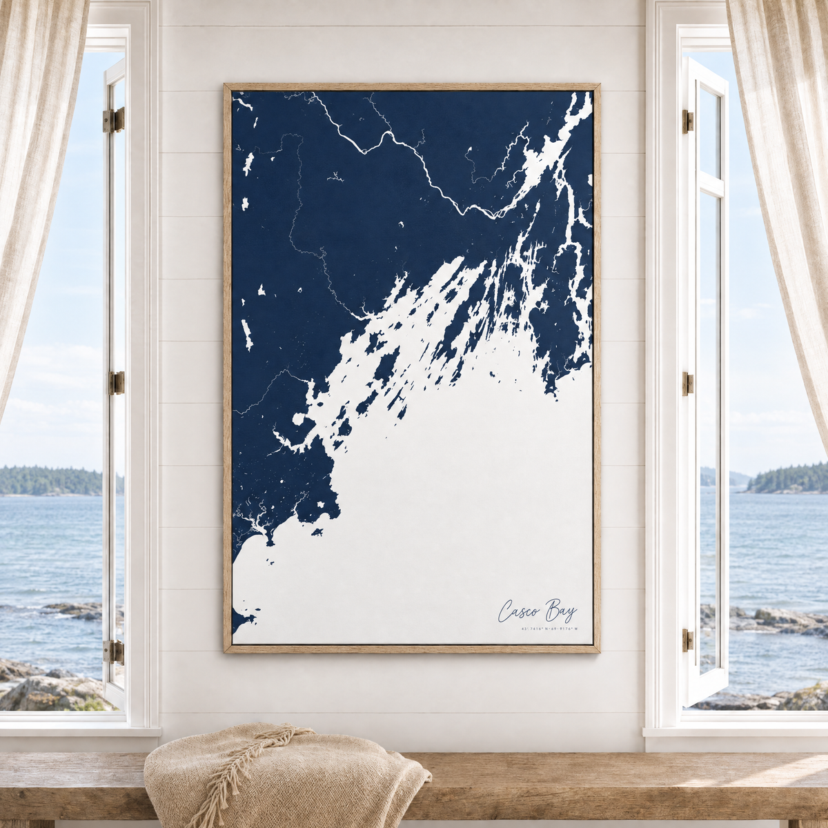 Casco Bay vertical canvas map in Navy, window interior