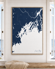 Casco Bay vertical canvas map in Navy, window interior