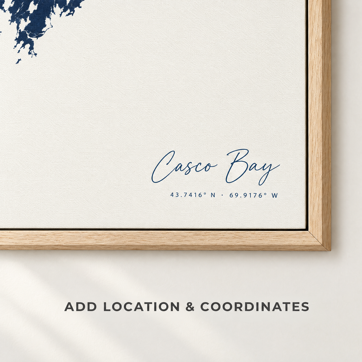 Casco Bay vertical canvas map in Navy, location and coordinates detail