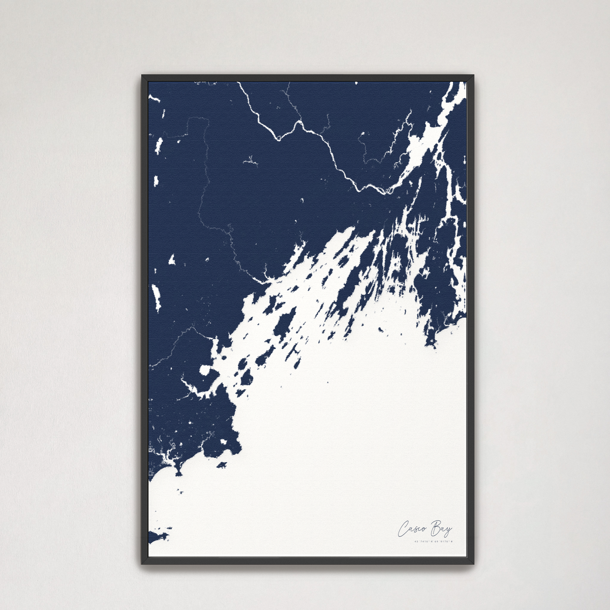 Casco Bay vertical canvas map, Navy, Black Frame
