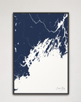Casco Bay vertical canvas map, Navy, Black Frame