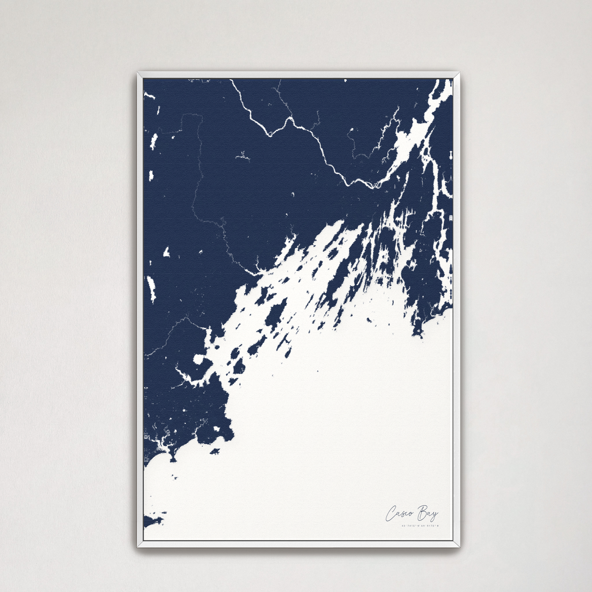 Casco Bay vertical canvas map, Navy, White Frame