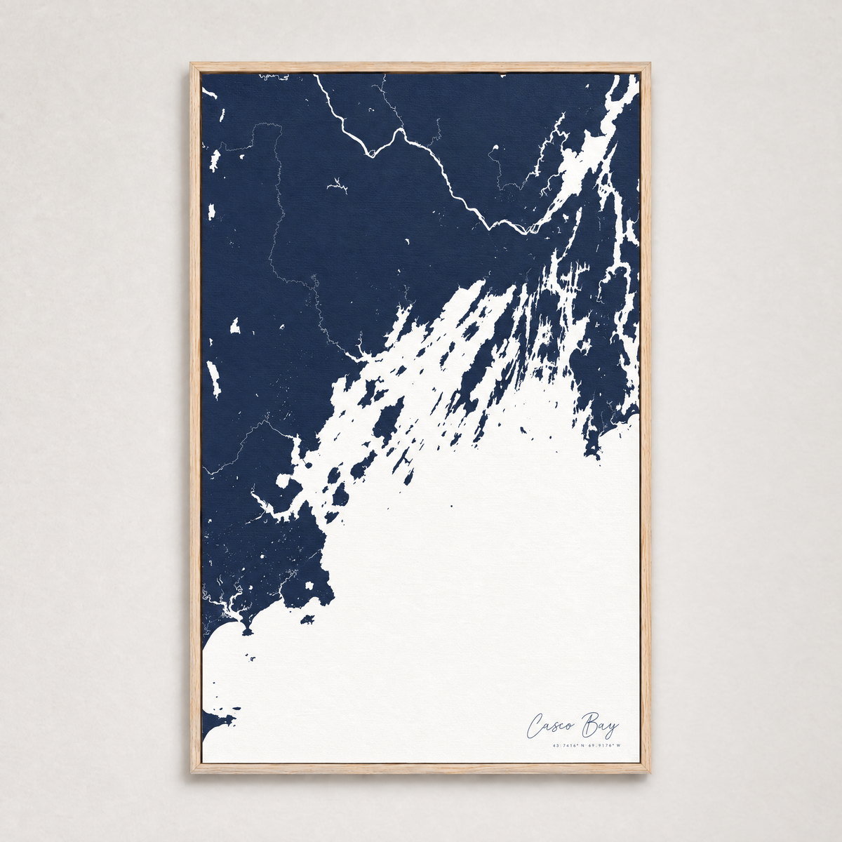 Casco Bay vertical canvas map, Navy, Light Wood