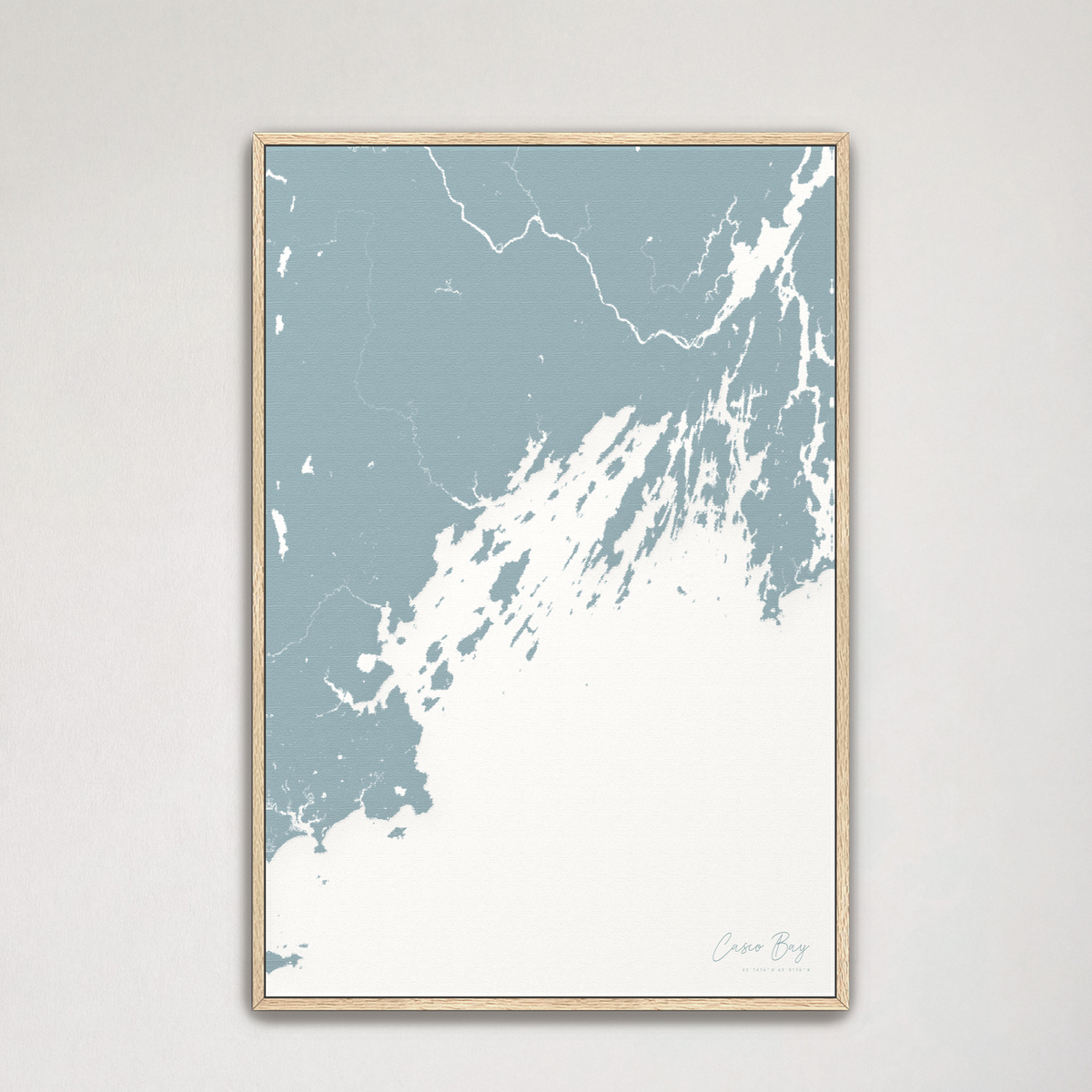 Casco Bay vertical canvas map, Soft Blue, Natural Oak