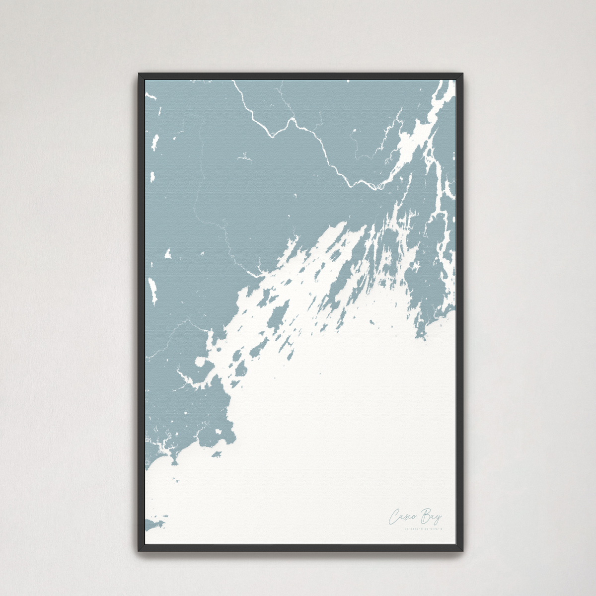 Casco Bay vertical canvas map, Soft Blue, Black Frame