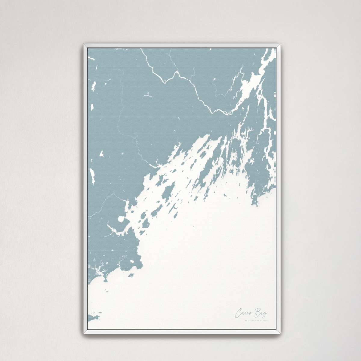 Casco Bay vertical canvas map, Soft Blue, White Frame