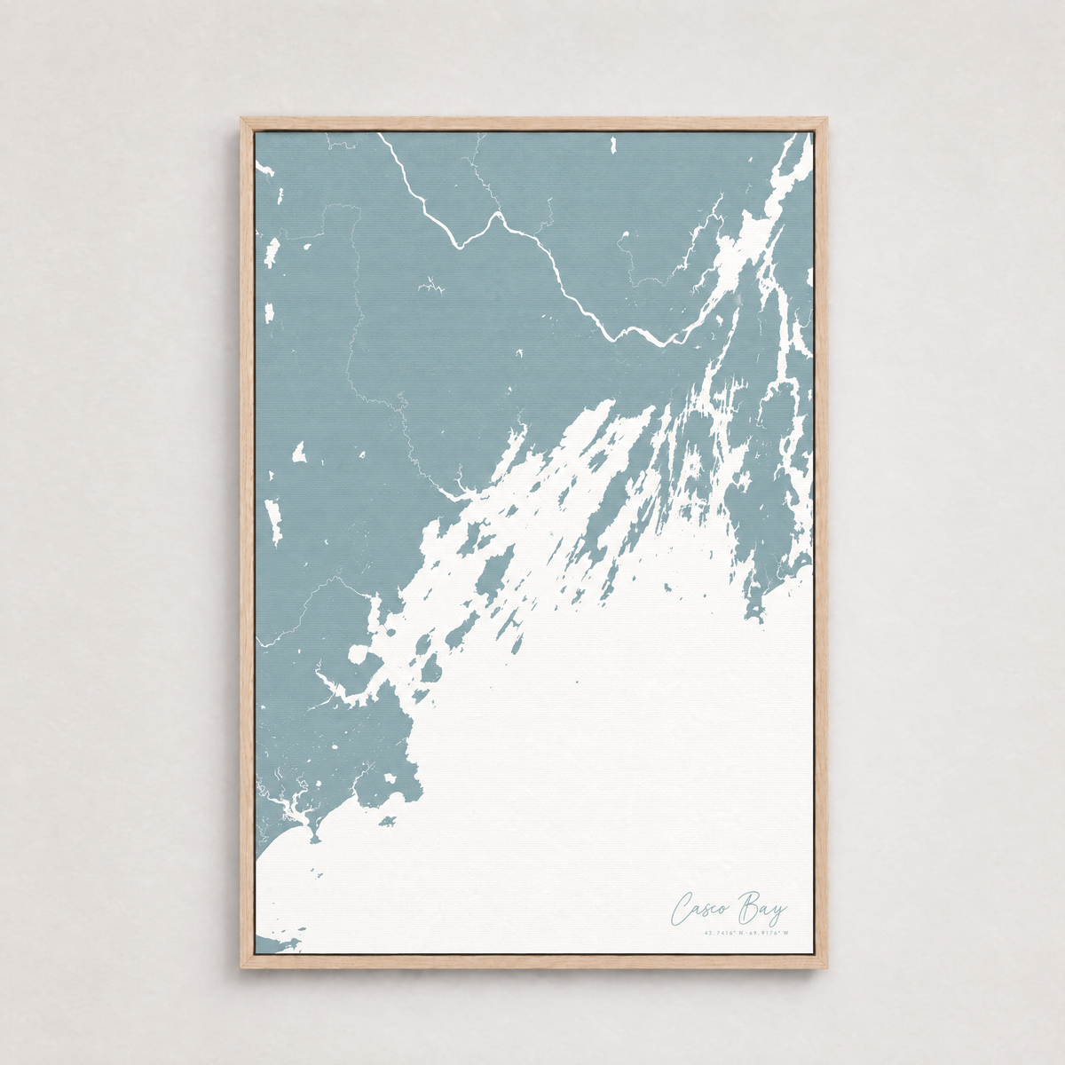 Casco Bay vertical canvas map, Soft Blue, Light Wood