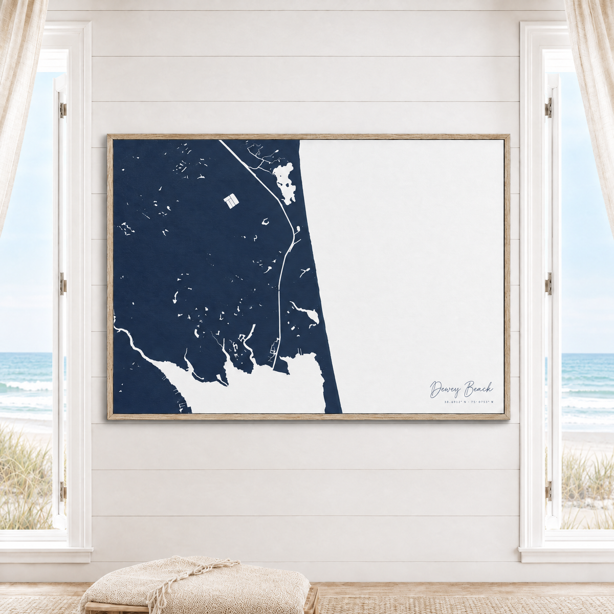 Dewey Beach horizontal canvas map in Navy, window interior