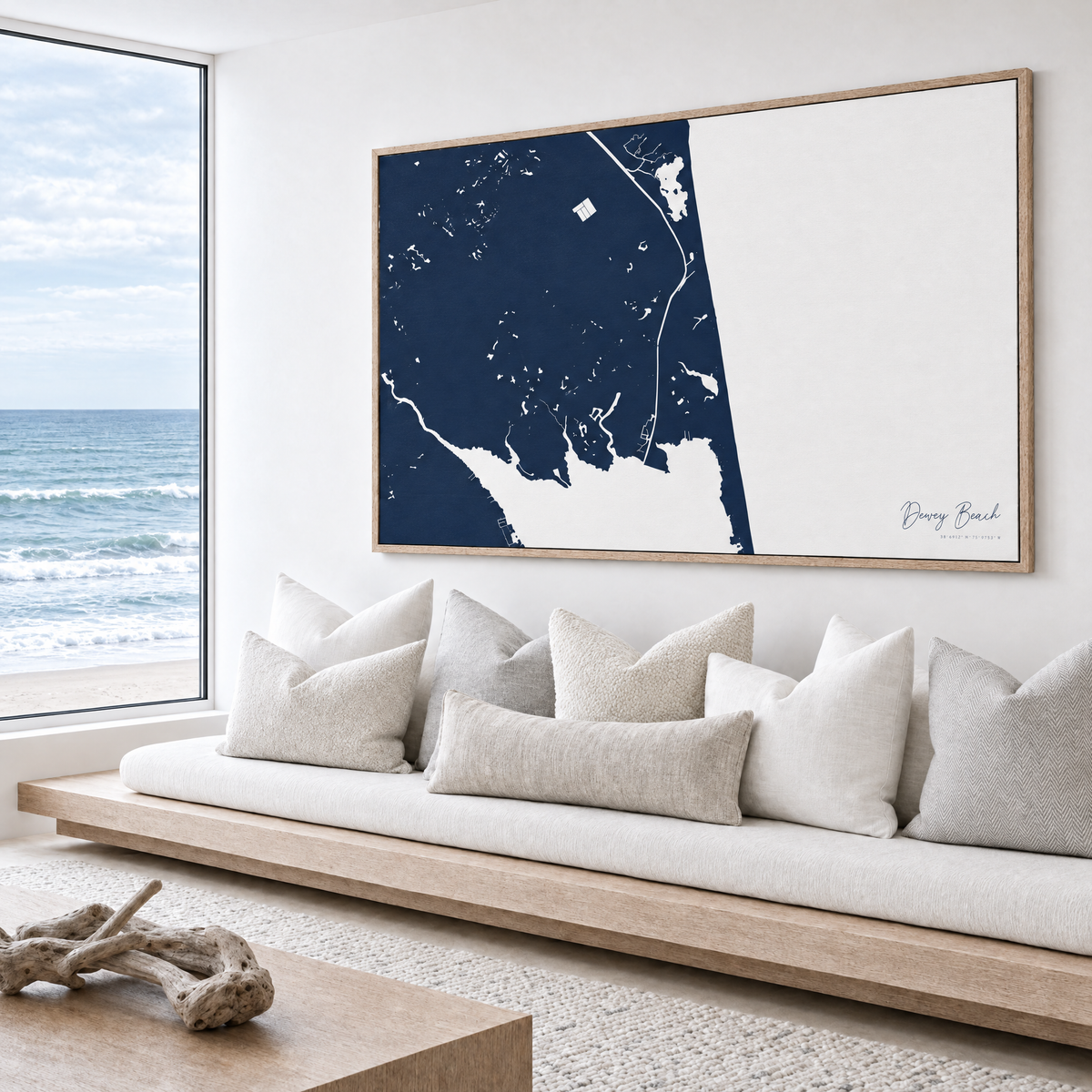 Dewey Beach horizontal canvas map in Navy, bench beside a water view