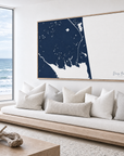 Dewey Beach horizontal canvas map in Navy, bench beside a water view