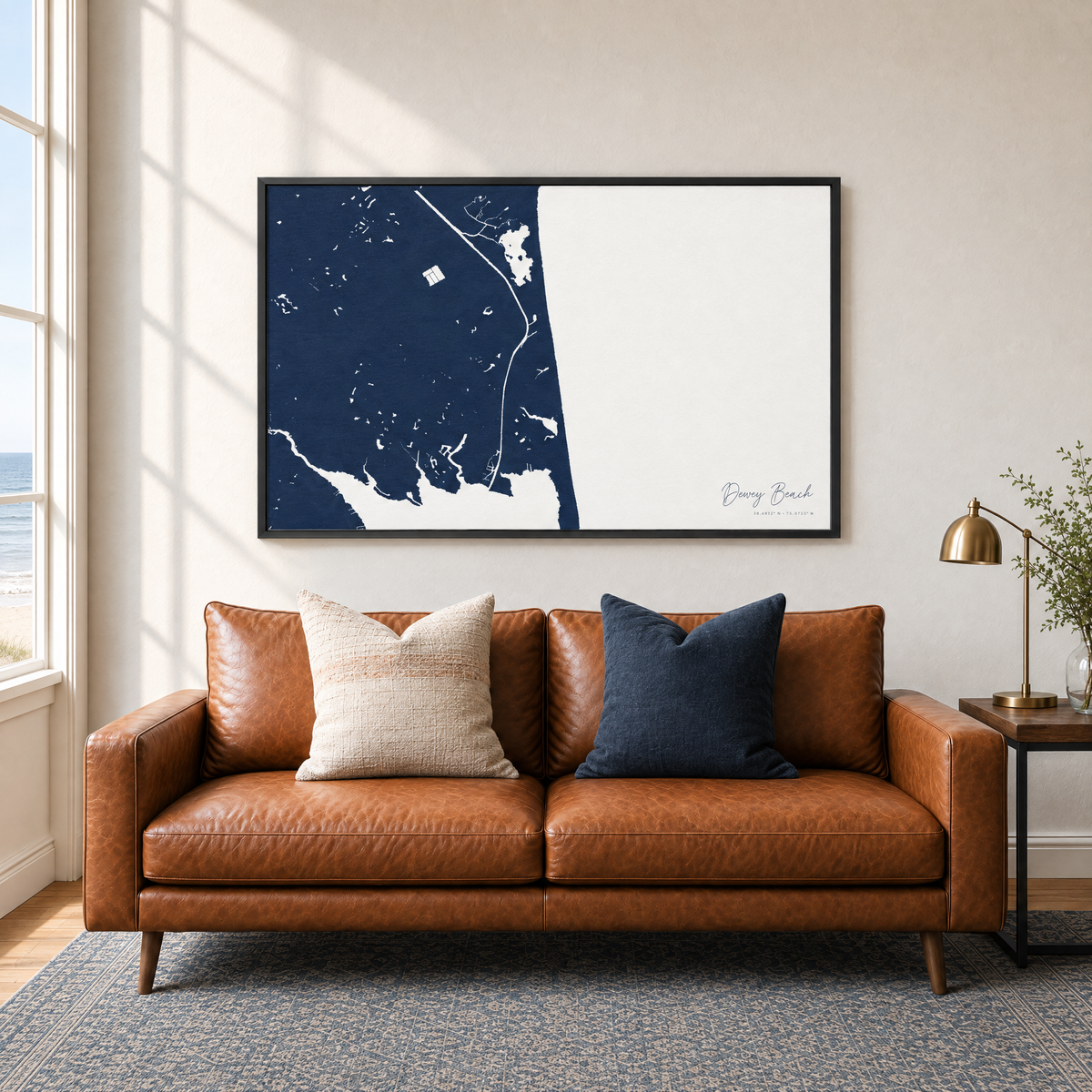 Dewey Beach horizontal canvas map in Navy, black-framed canvas above a sofa