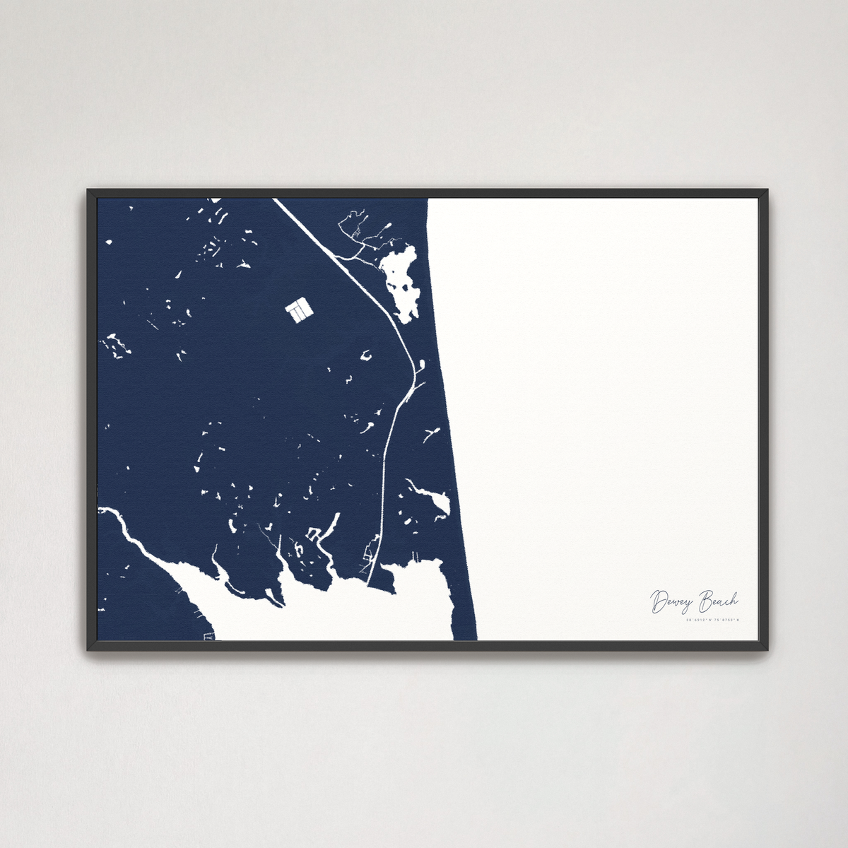 Dewey Beach horizontal canvas map, Navy, Black Frame