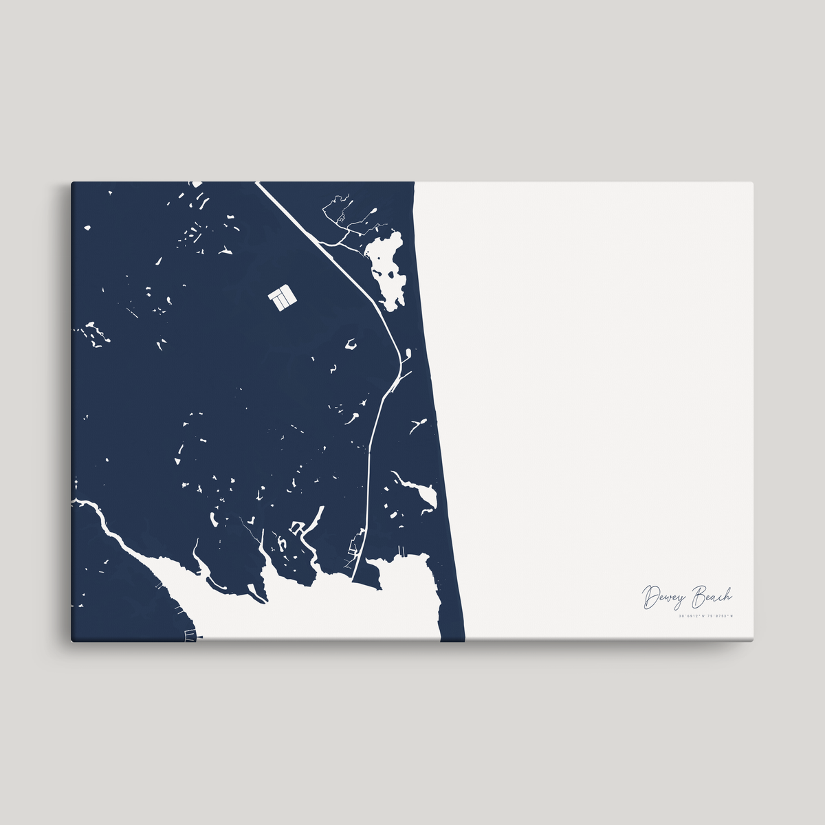 Dewey Beach horizontal canvas map, Navy, No Frame