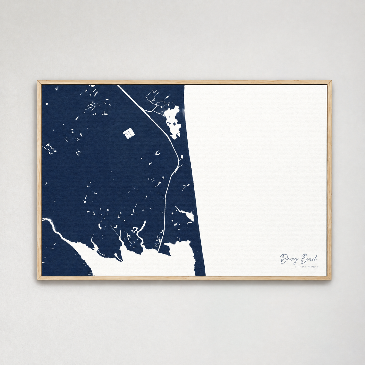 Dewey Beach horizontal canvas map, Navy, Light Wood