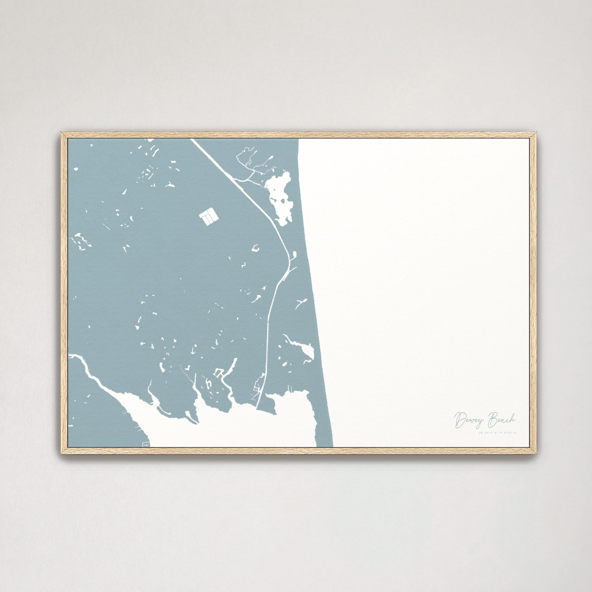 Dewey Beach horizontal canvas map, Soft Blue, Natural Oak