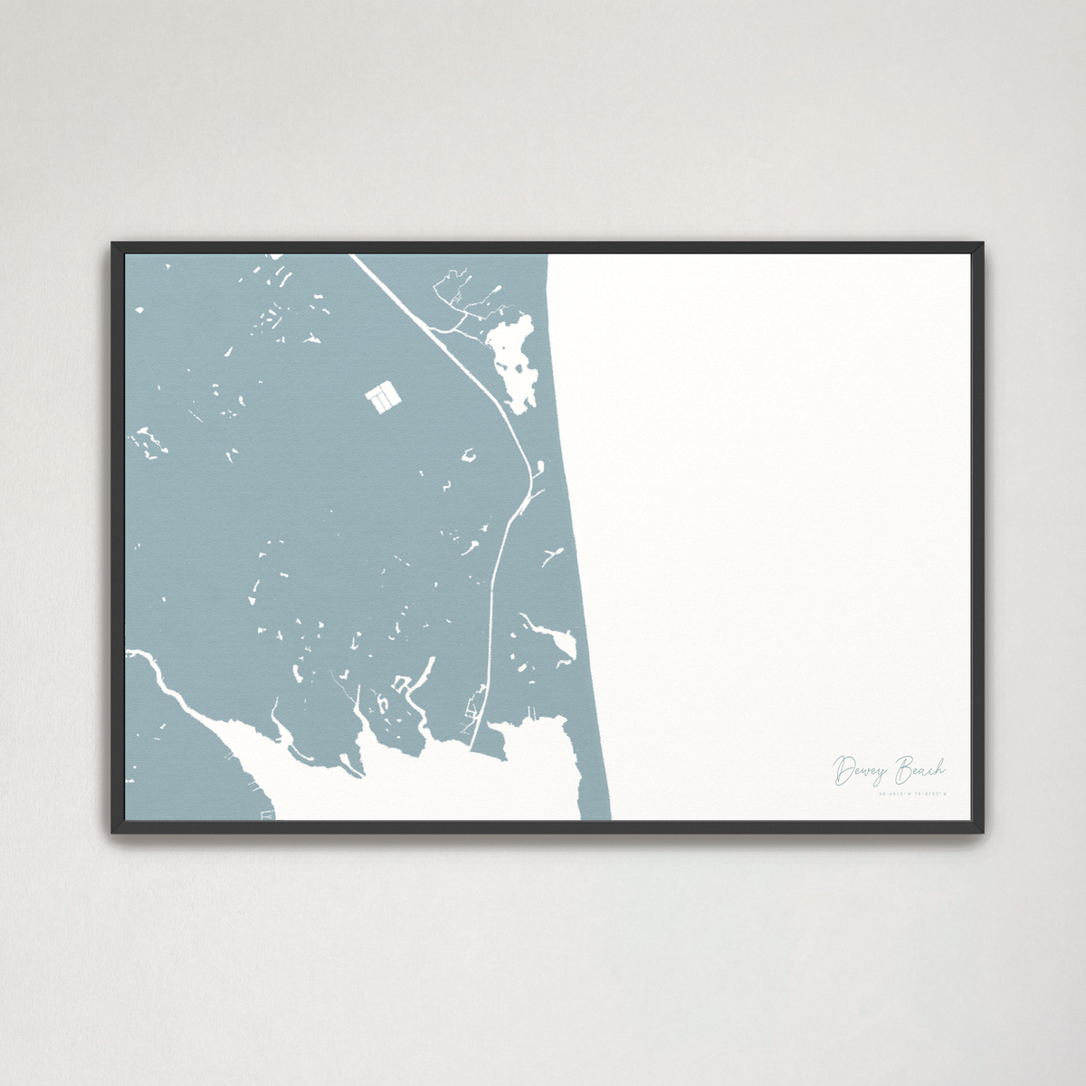 Dewey Beach horizontal canvas map, Soft Blue, Black Frame