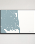 Dewey Beach horizontal canvas map, Soft Blue, Black Frame