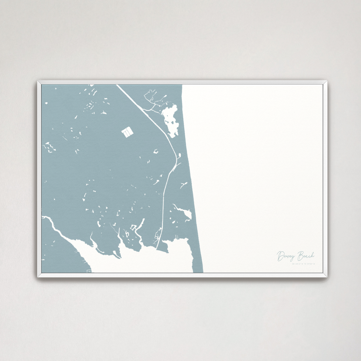 Dewey Beach horizontal canvas map, Soft Blue, White Frame