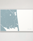 Dewey Beach horizontal canvas map, Soft Blue, White Frame
